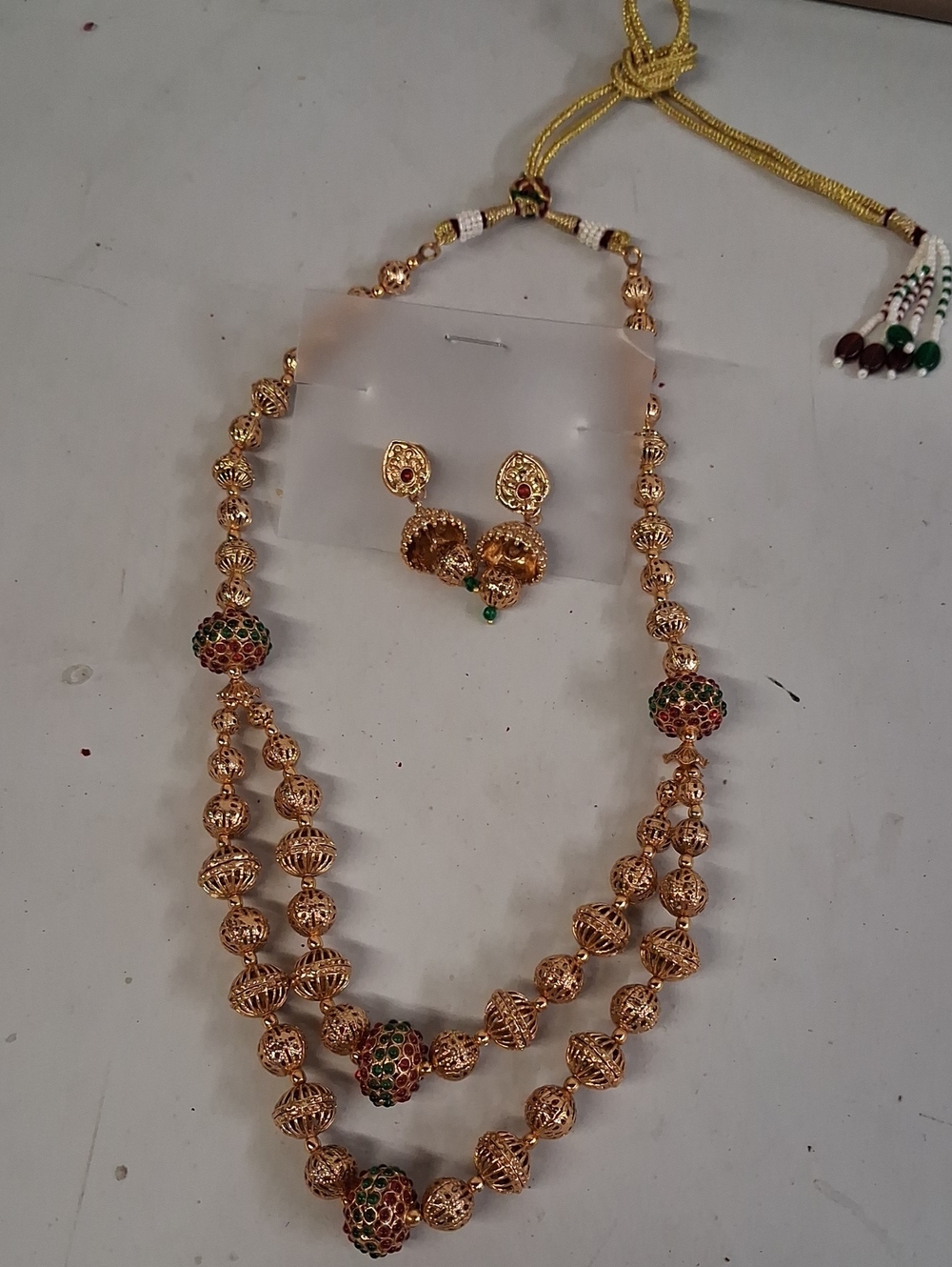 NWT Traditional Matar Mala Beaded Necklace & Matching Jhumki Earrings